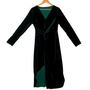 SHEIN sz Large Dress Velvet V Neck Draping Front Faux Wrap Stretchy Green